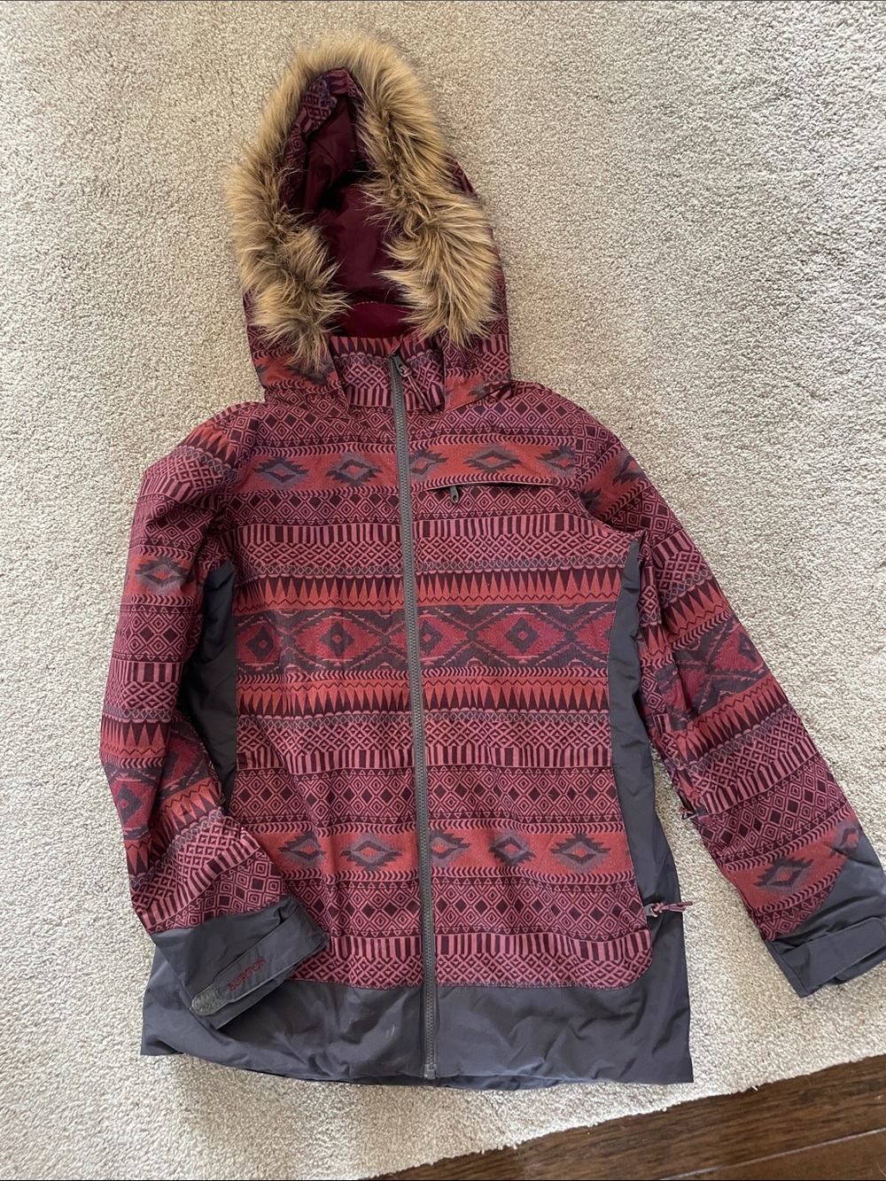 Burton Burgundy Patterned Puffer Jacket with Faux-Fur Hood